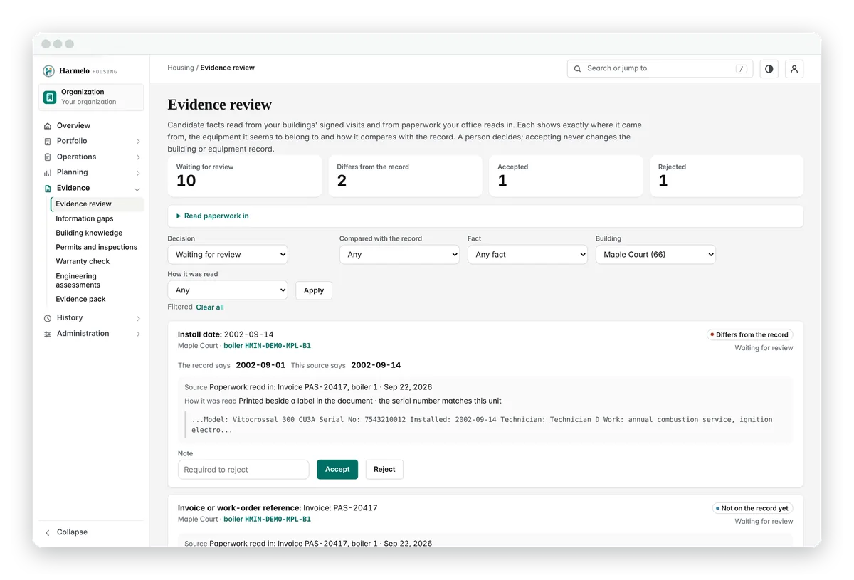 Evidence review: candidate facts waiting for review, differences from the record, accepted and rejected, with each fact's source.