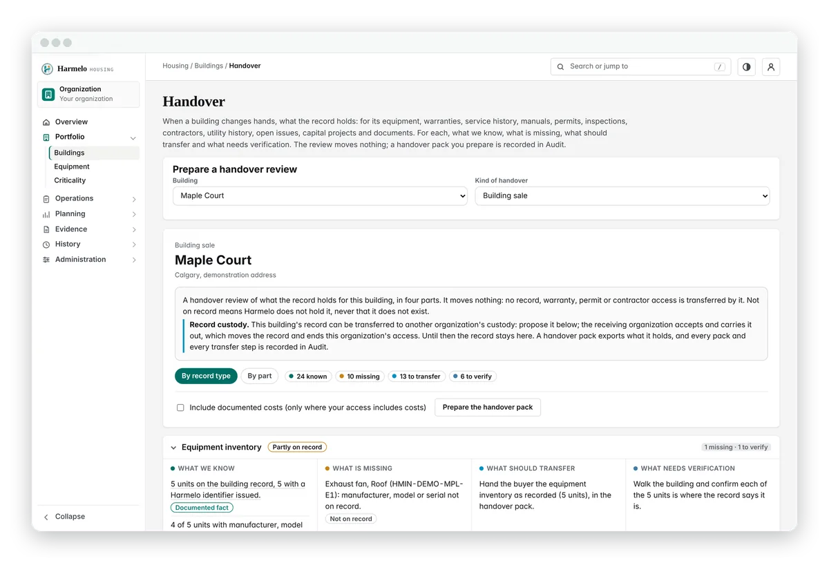 Harmelo handover review for a building sale: what the record holds, what is missing, what should transfer and what needs verification, with the custody transfer step.