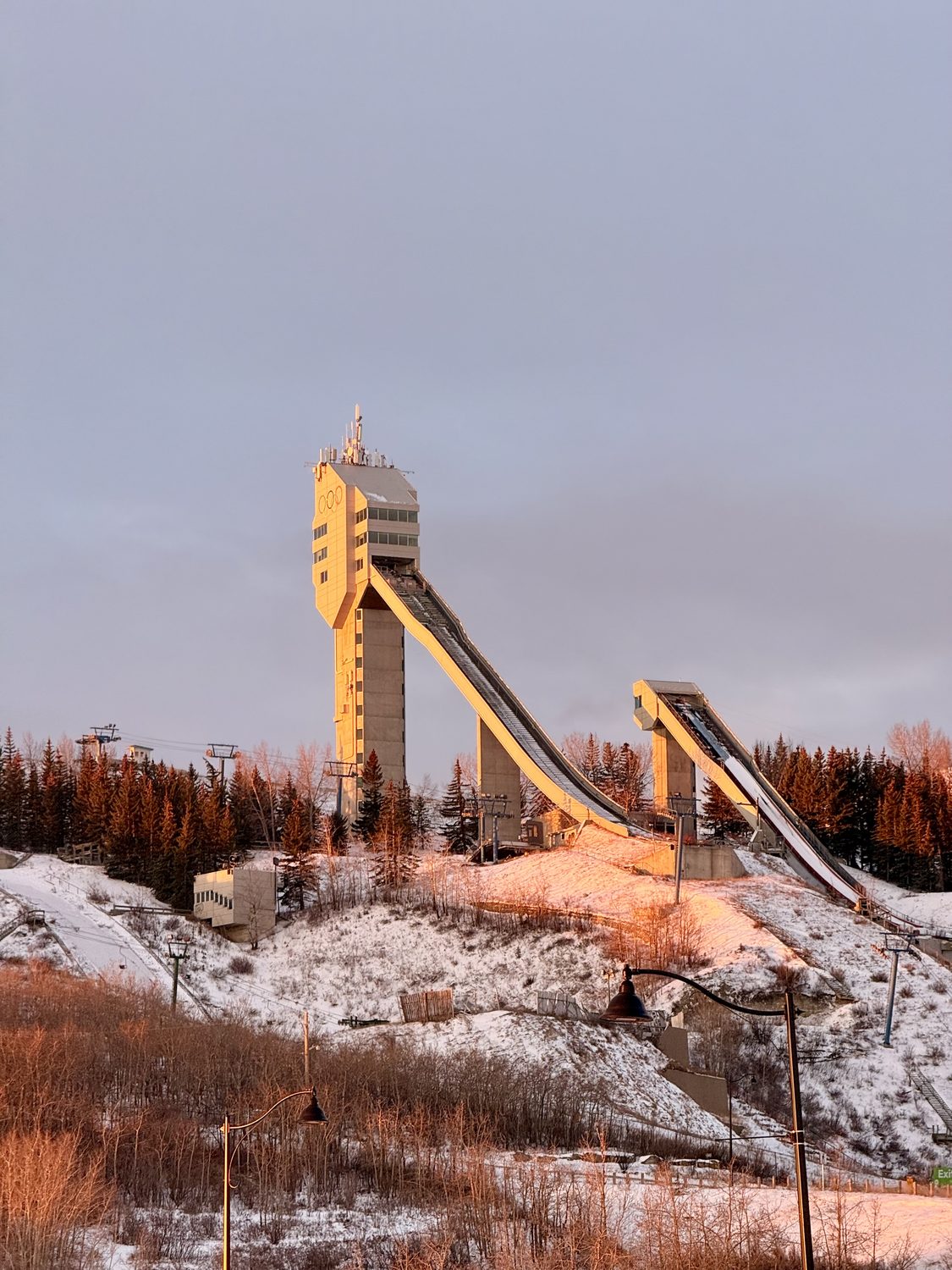 Ski jump towers at Calgary Olympic Park at sunrise