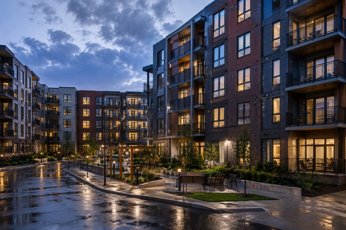 A modern purpose-built rental complex at dusk with lit balconies and a landscaped courtyard