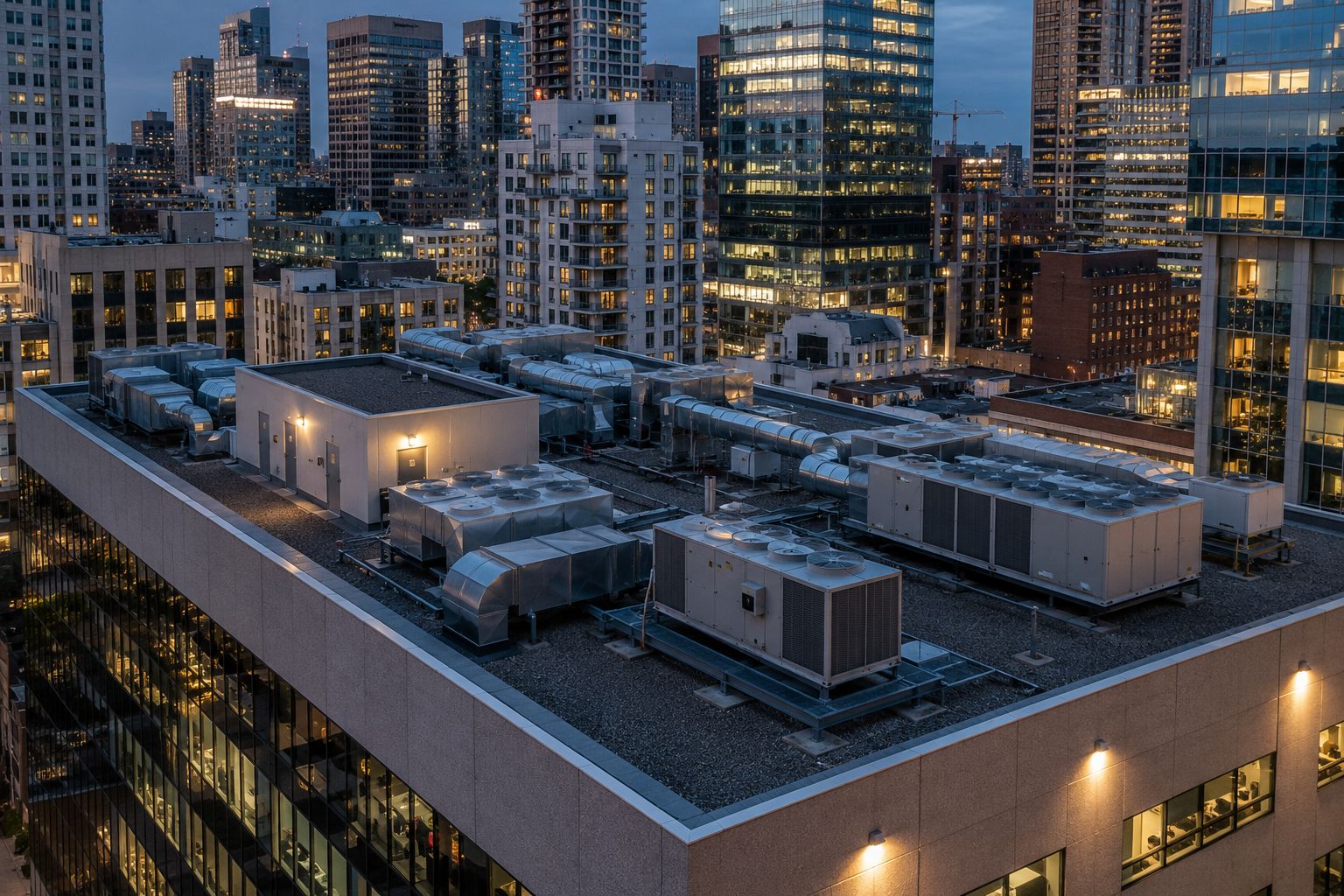 Rooftop mechanical equipment on a downtown building at dusk.